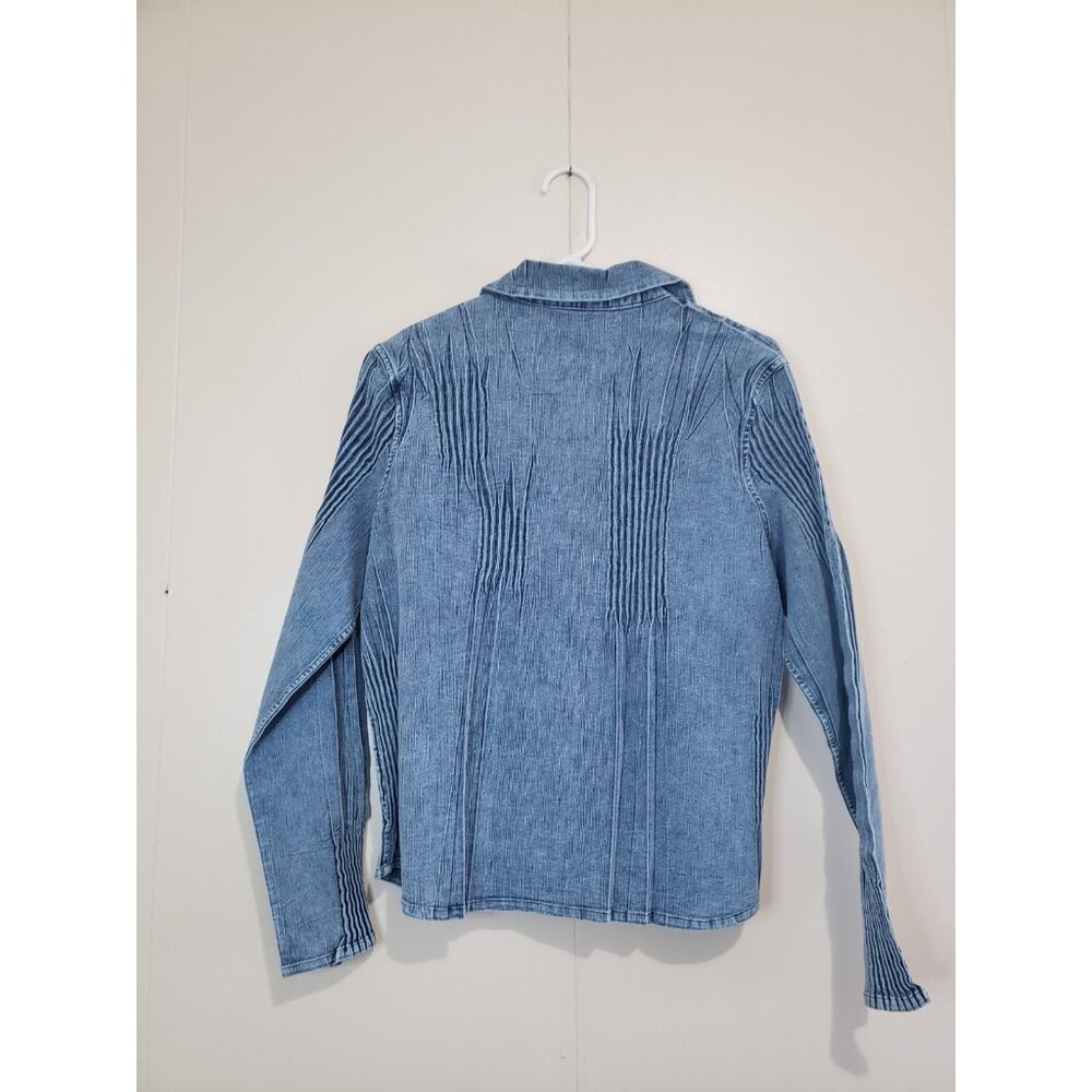 Y2K Vtg Flair Women M Denim Shirt Button Up Pleated Blue Chambray Artsy Stretch - Picture 2 of 5